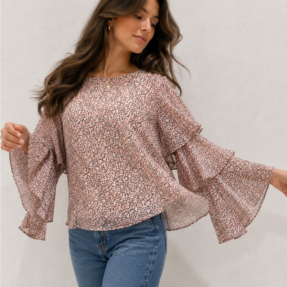 BCBGeneration Blush Pink Printed Layered Bell-Sleeve Blouse XXS